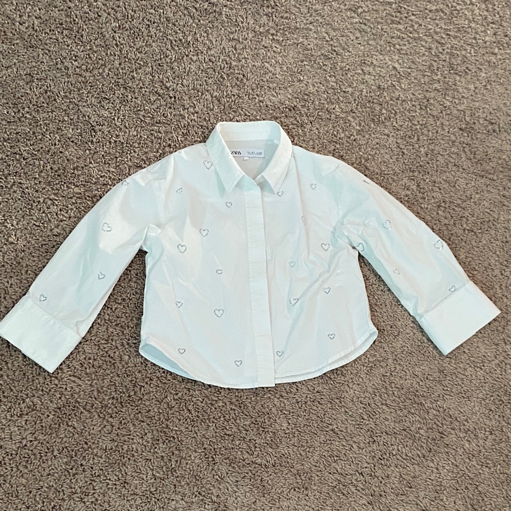 ZARA white silver gemstone Heart-Print Button-Down Shirt size 6-7